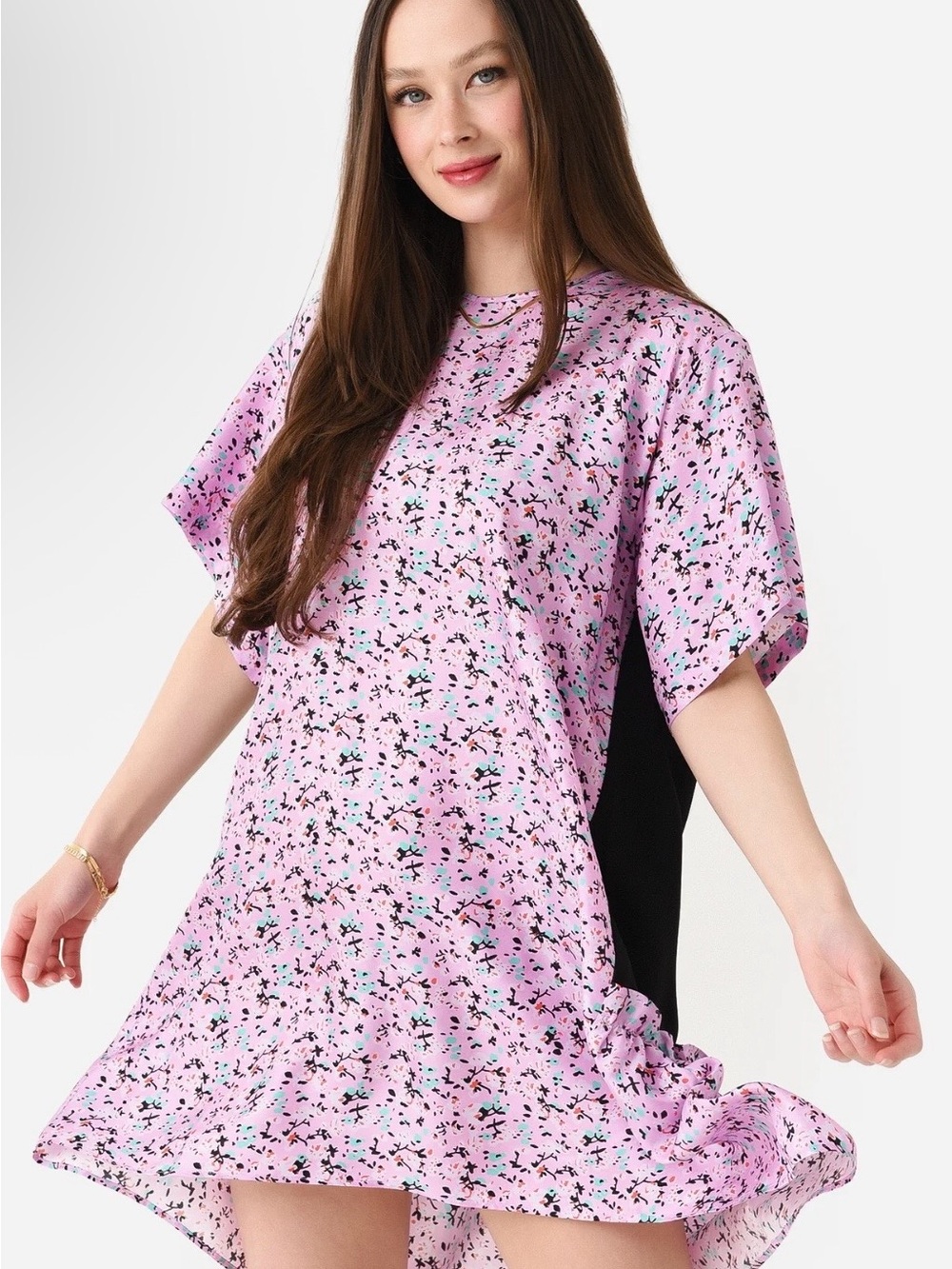 Brogger NWT Womens’s Lily Silk Mini Pink Flowers Dress Sz L Festival Cottagecore